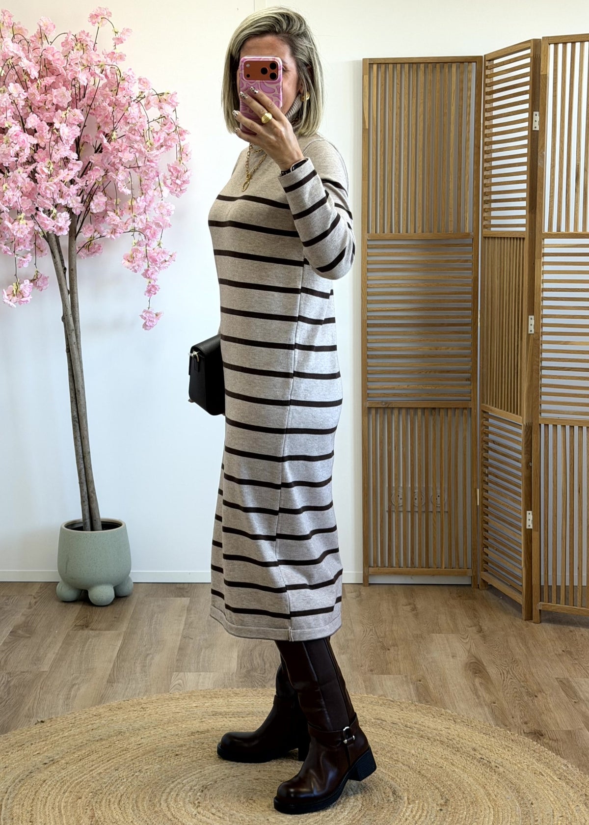 Robe marinière mi-longue beige et chocolat