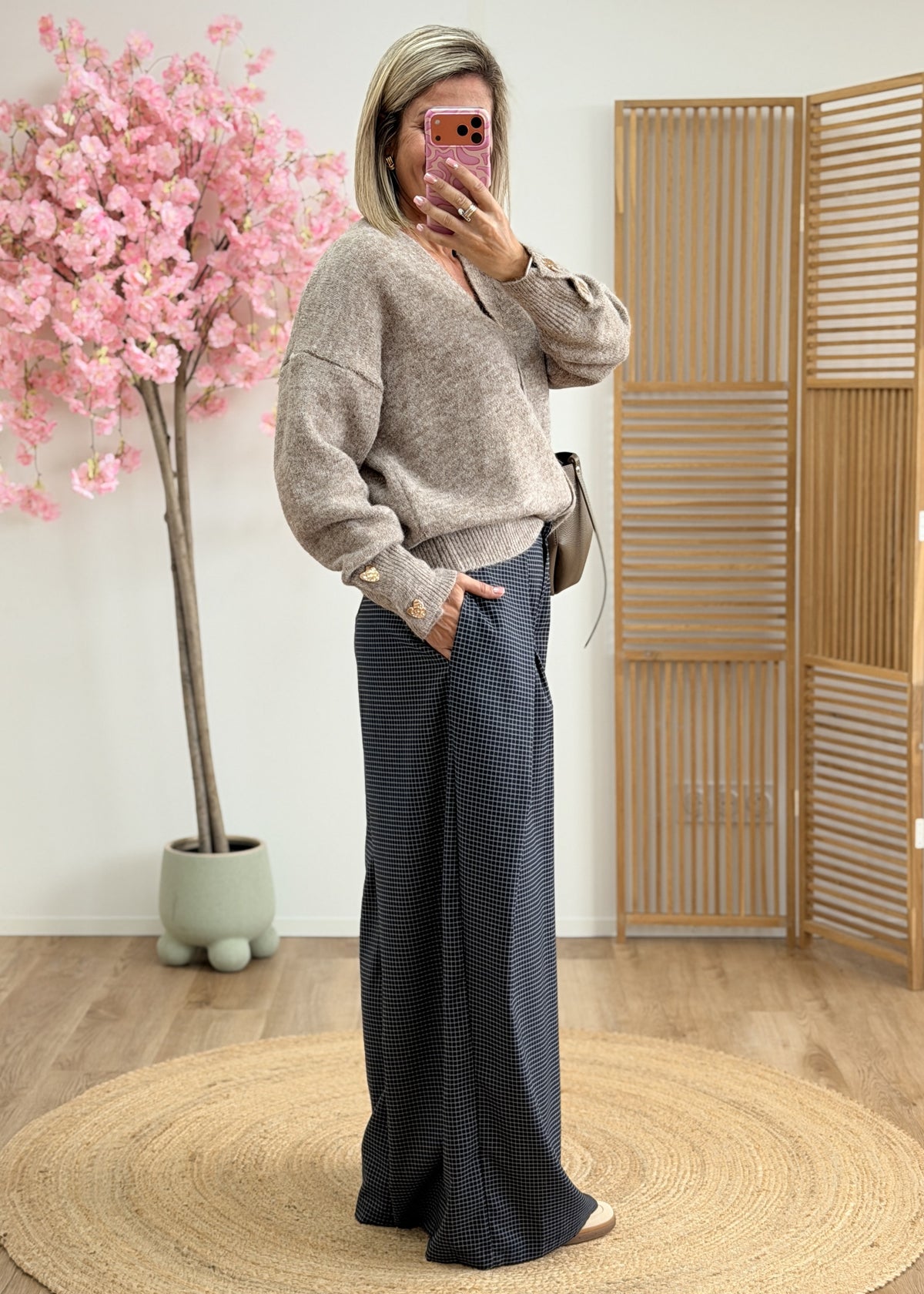 Pantalon large à carreaux gris bleu