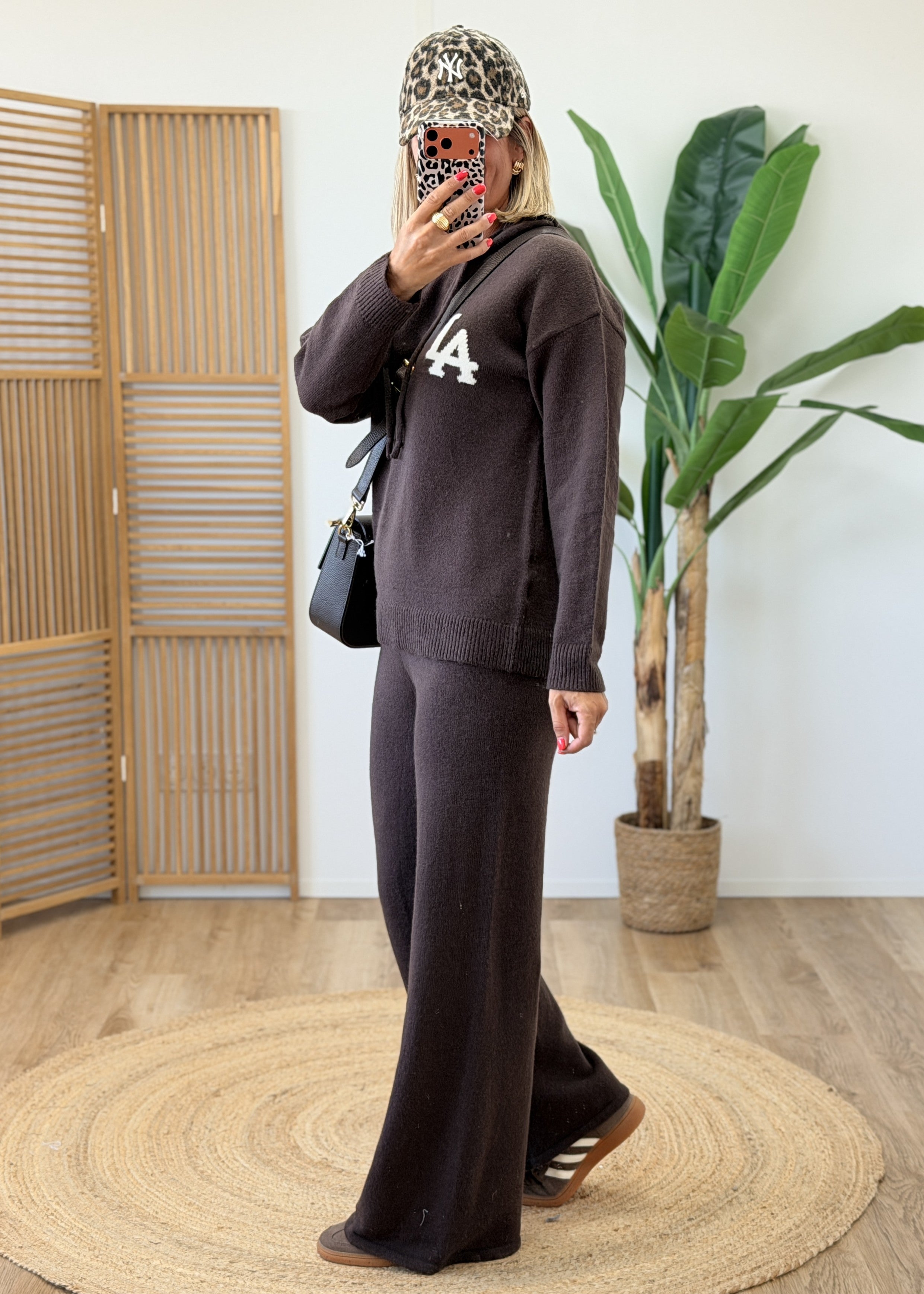 Ensemble Pantalon Taille Haute Élastique en Maille avec Sweat Capuche Assorti