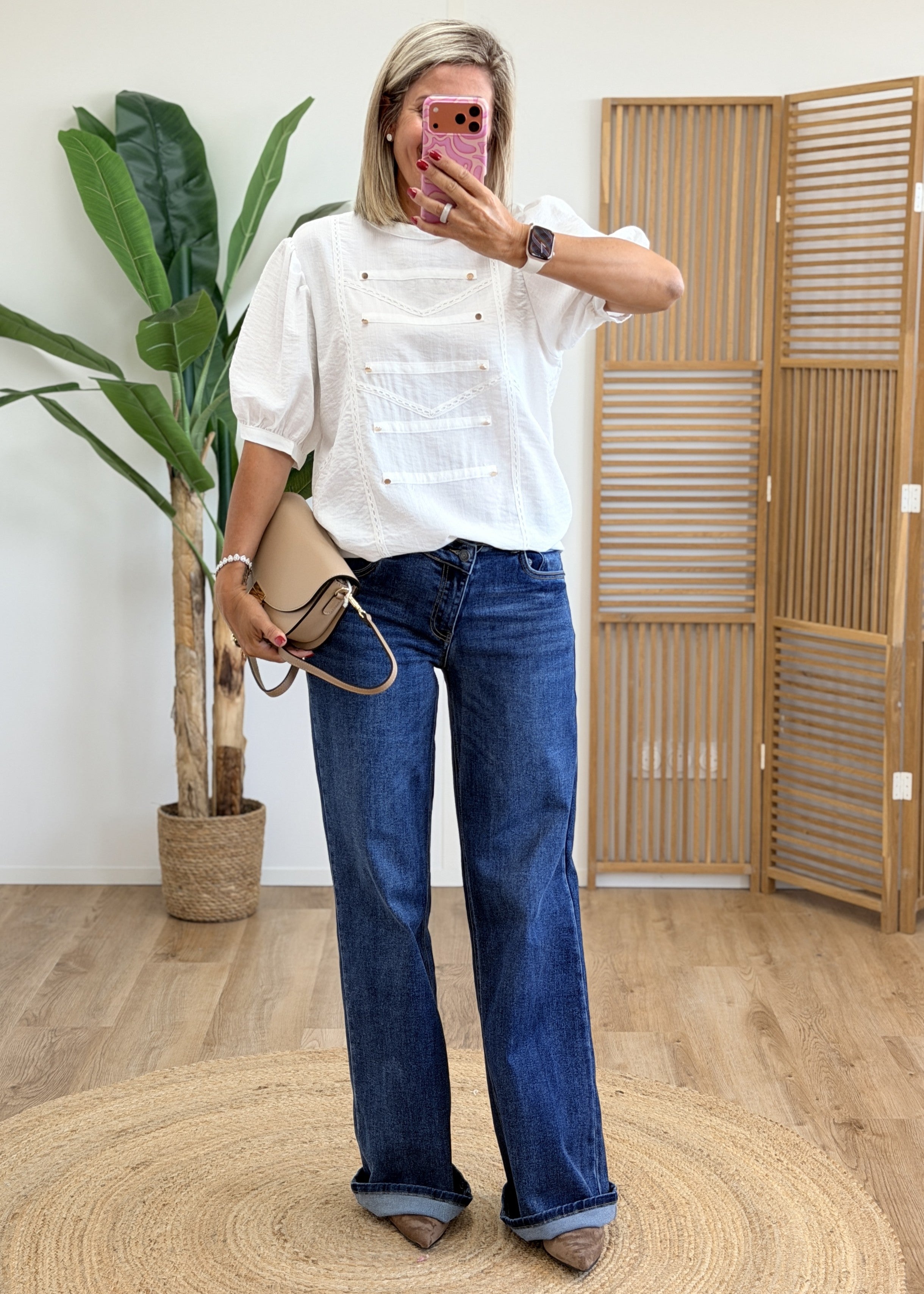 Blouse Brodée Double Boutonnage - Manches Bouffantes