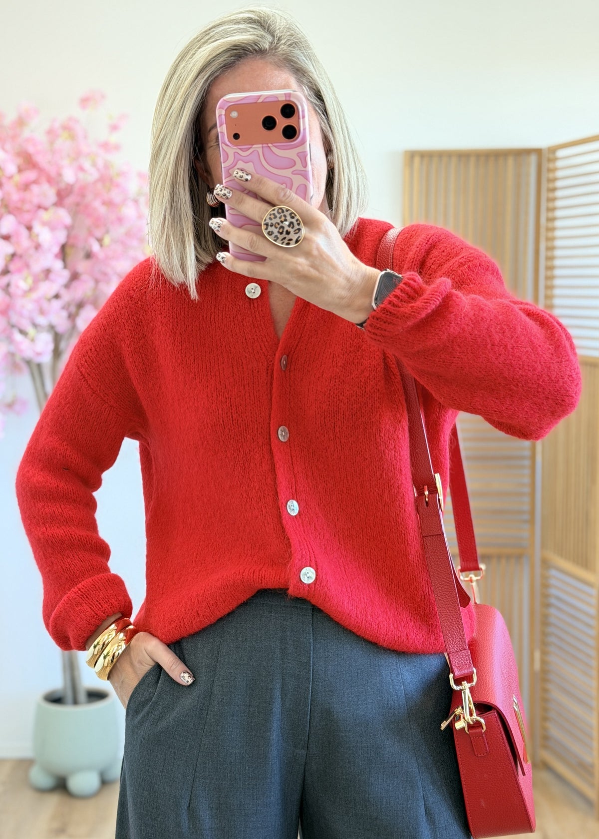 Gilet rouge en maille boutonné – Mohair et laine