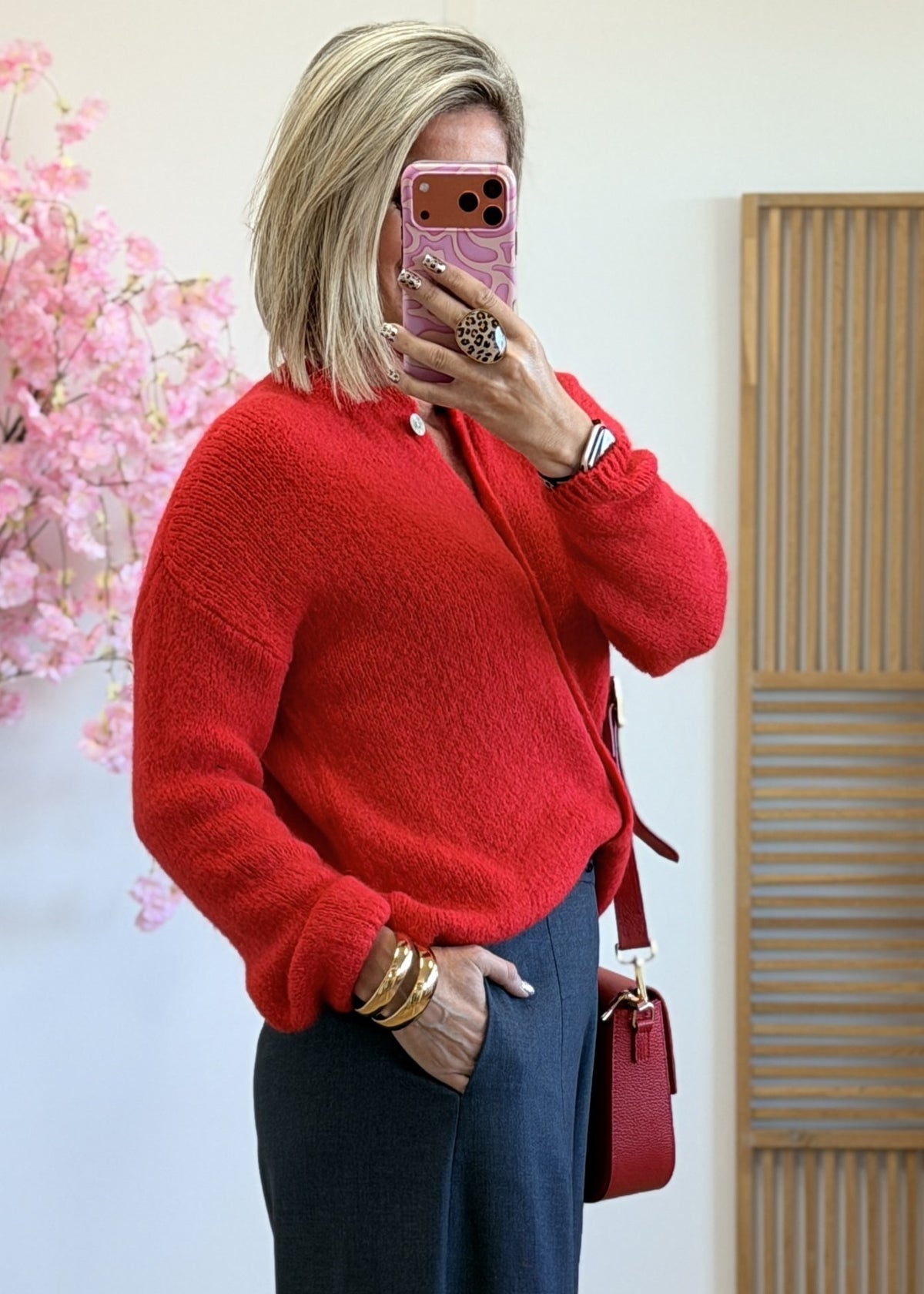 Gilet rouge en maille boutonné – Mohair et laine