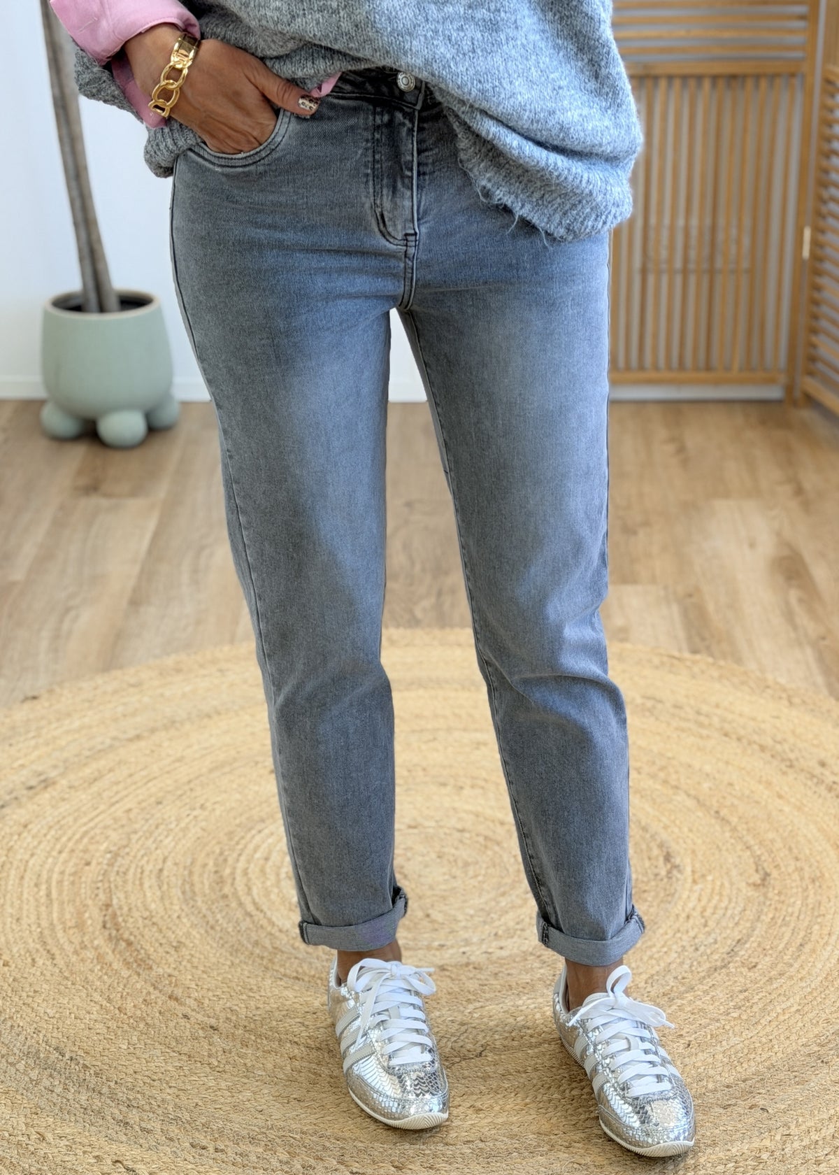 Jean mom gris taille haute