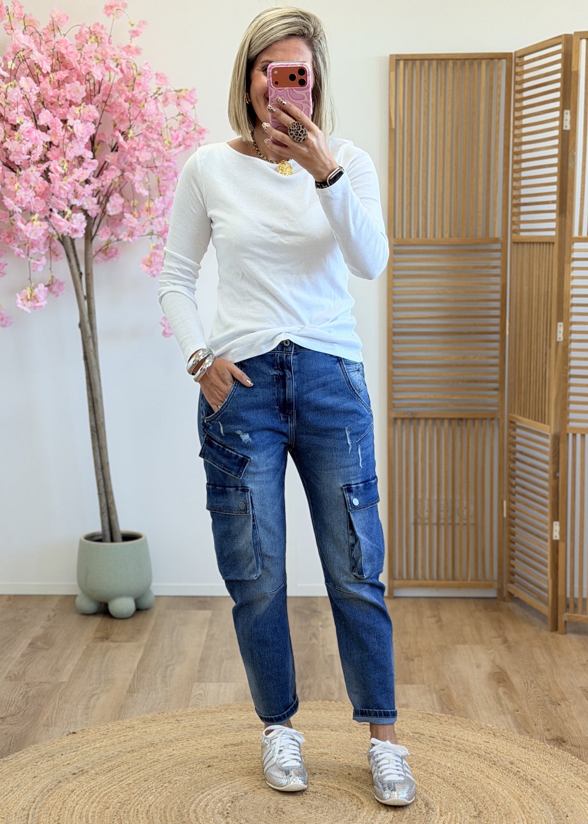 Jean cargo taille haute - bleu