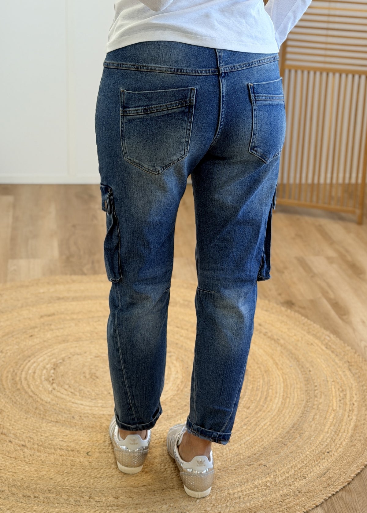 Jean cargo taille haute - bleu