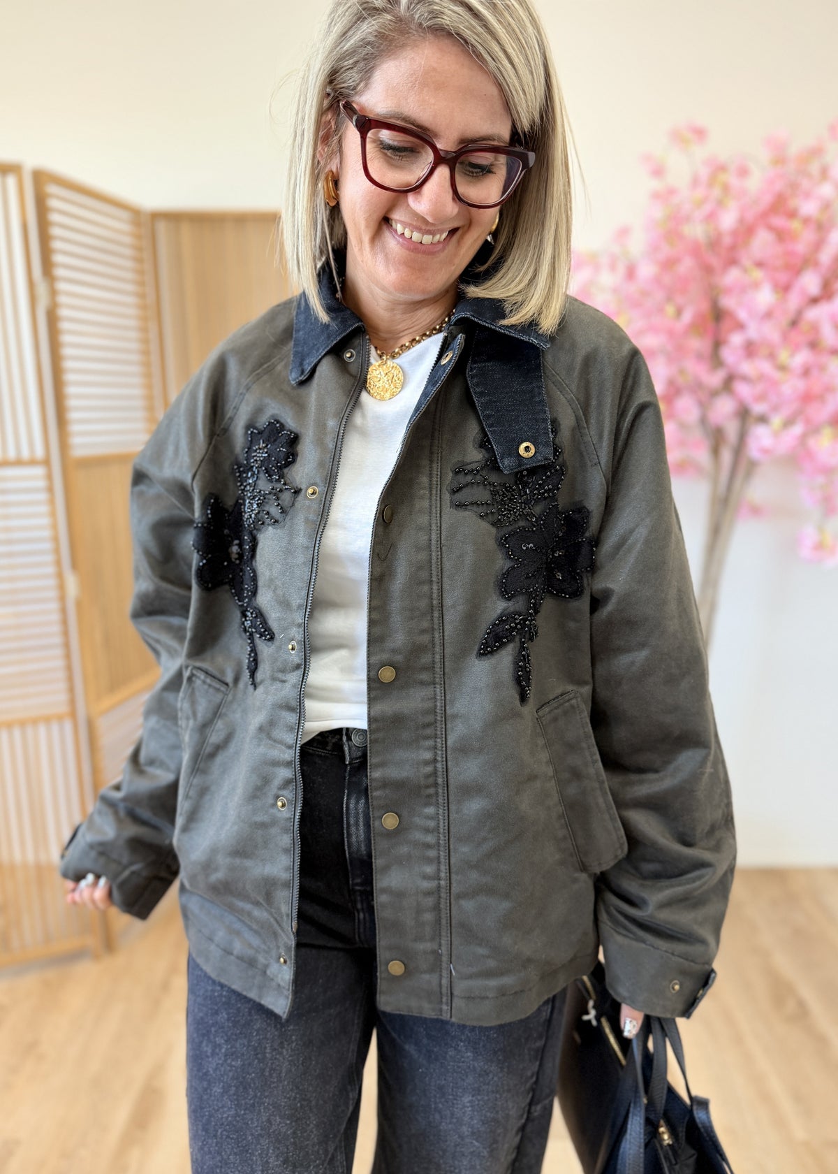Veste cavalière kaki à sequins