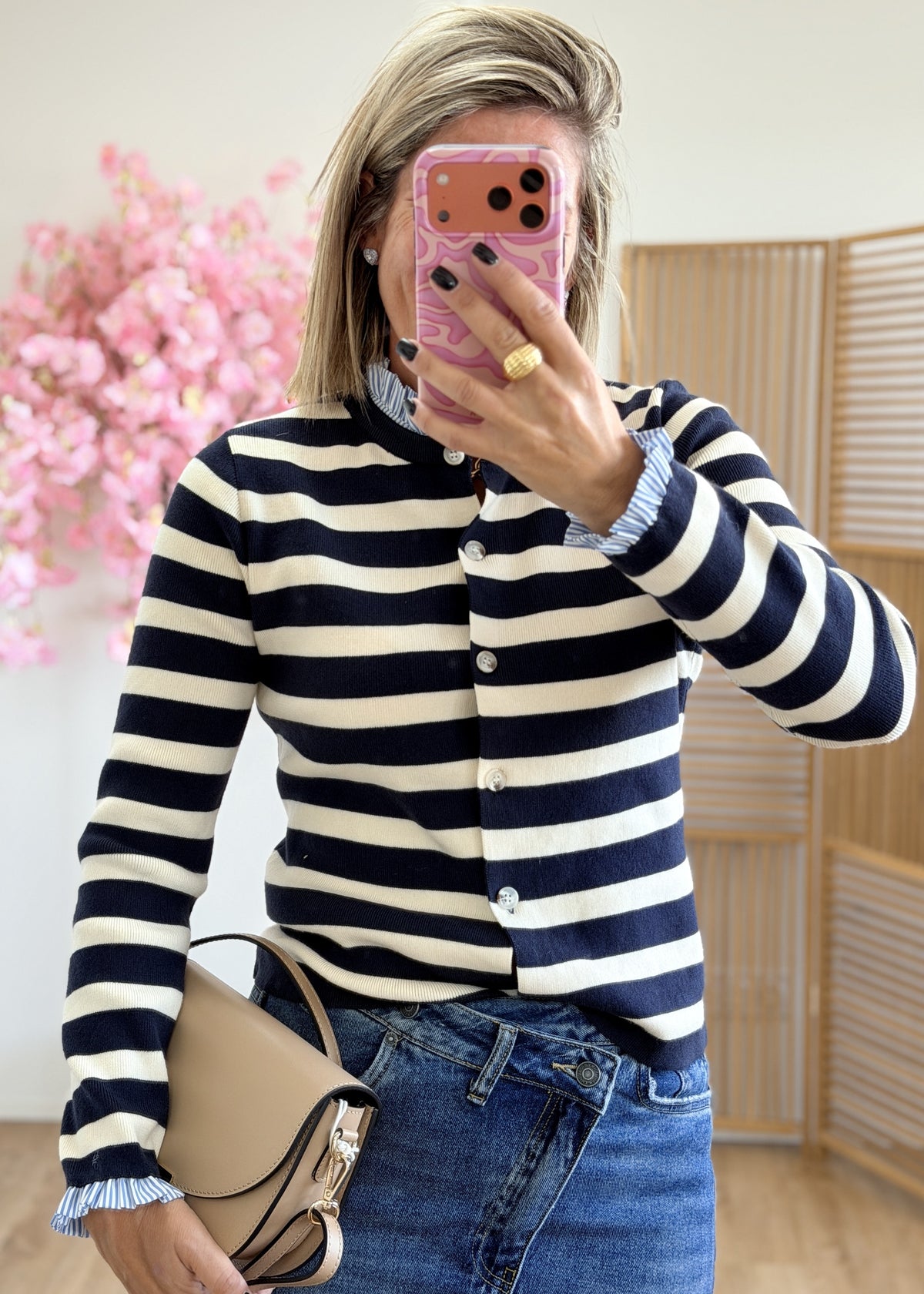 Gilet marinière à boutons effet bois écru marine
