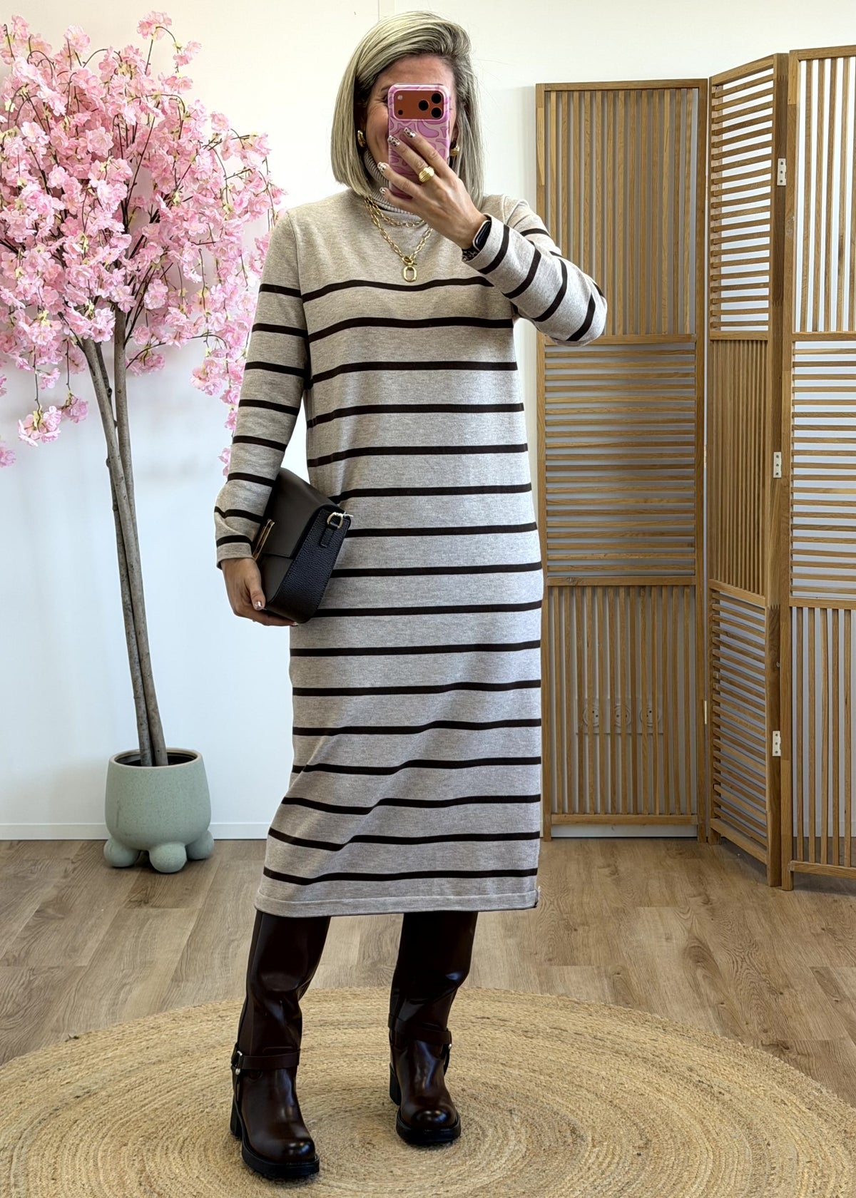Robe marinière mi-longue beige et chocolat