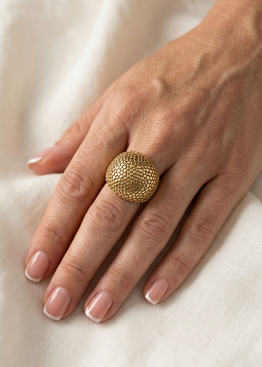 Bague chevalière à billes dorées – Acier inoxydable