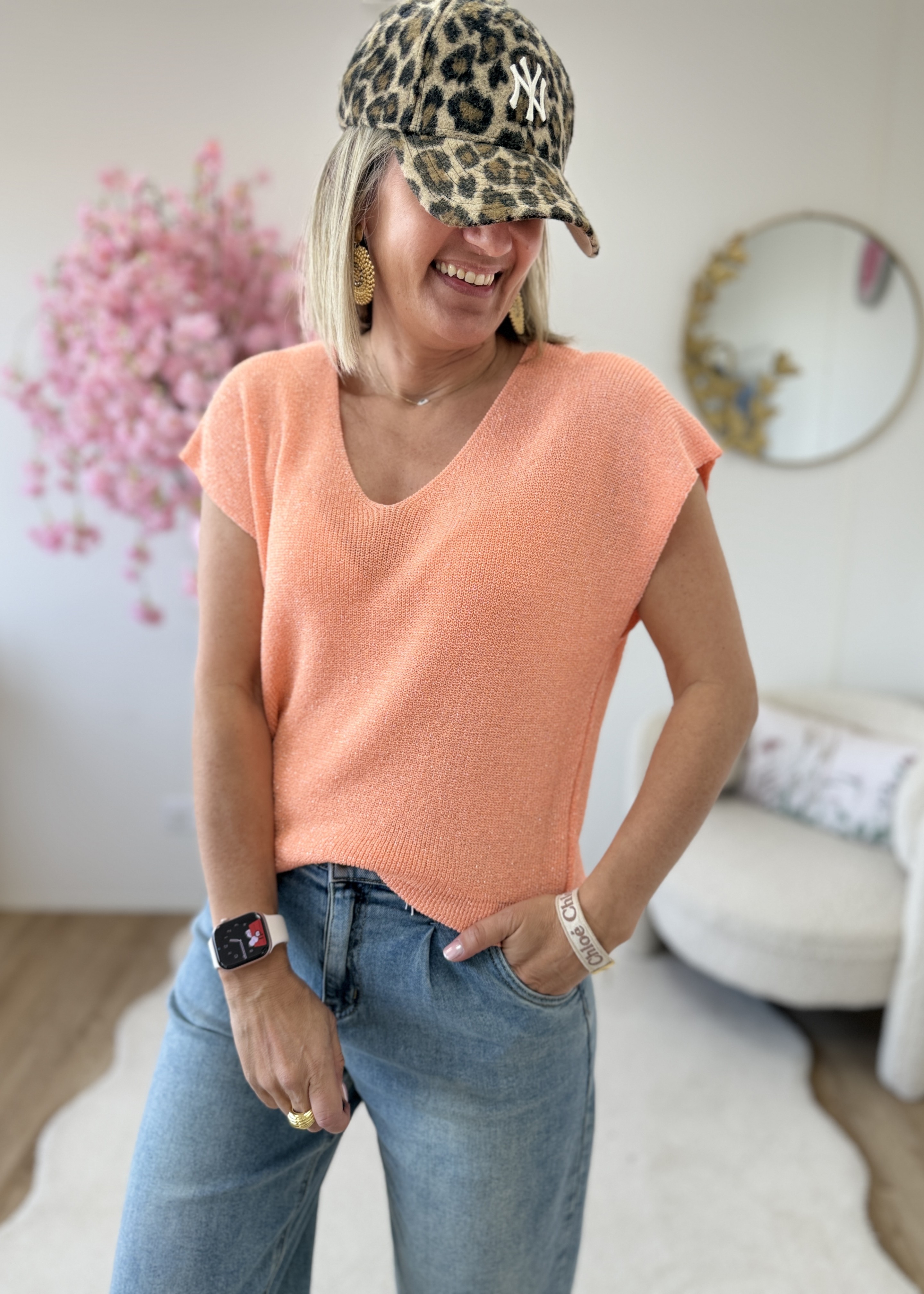 Top en maille lurex saumon