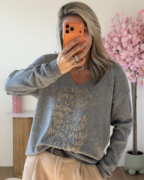 Pull Amour bonjour gris