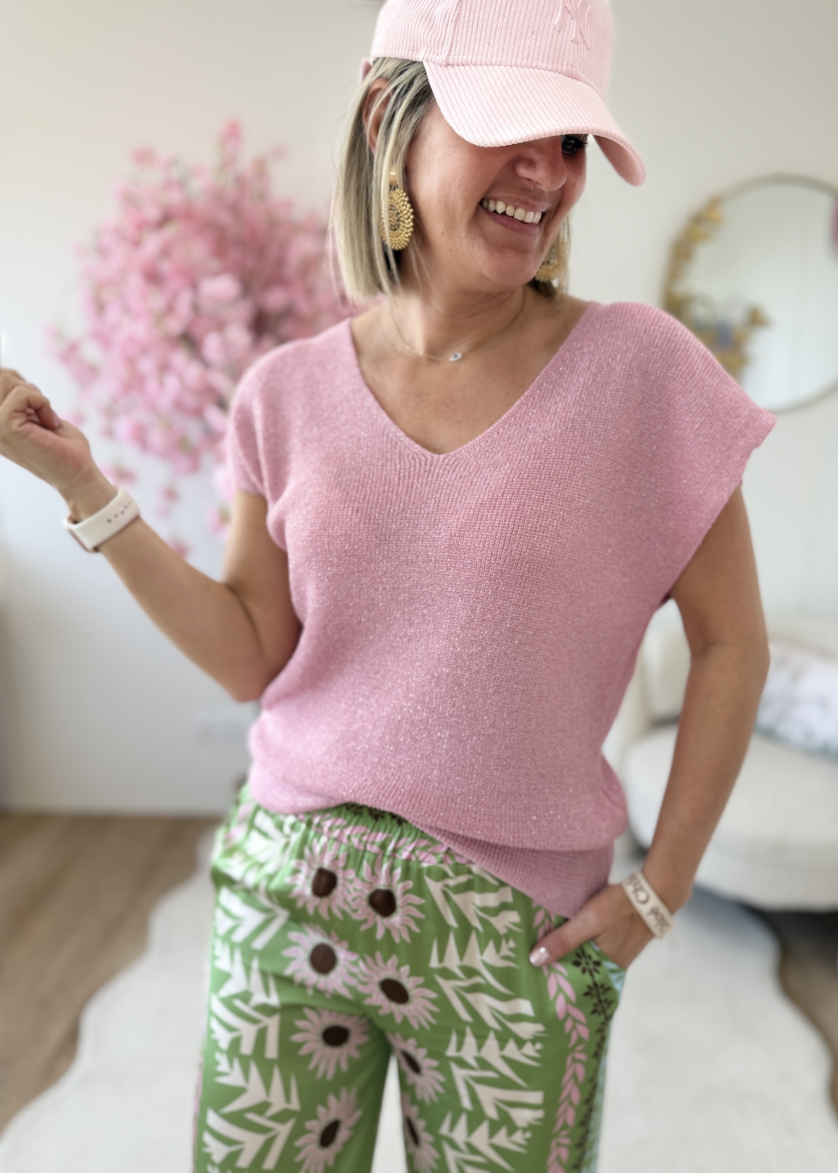 Top en maille lurex rose