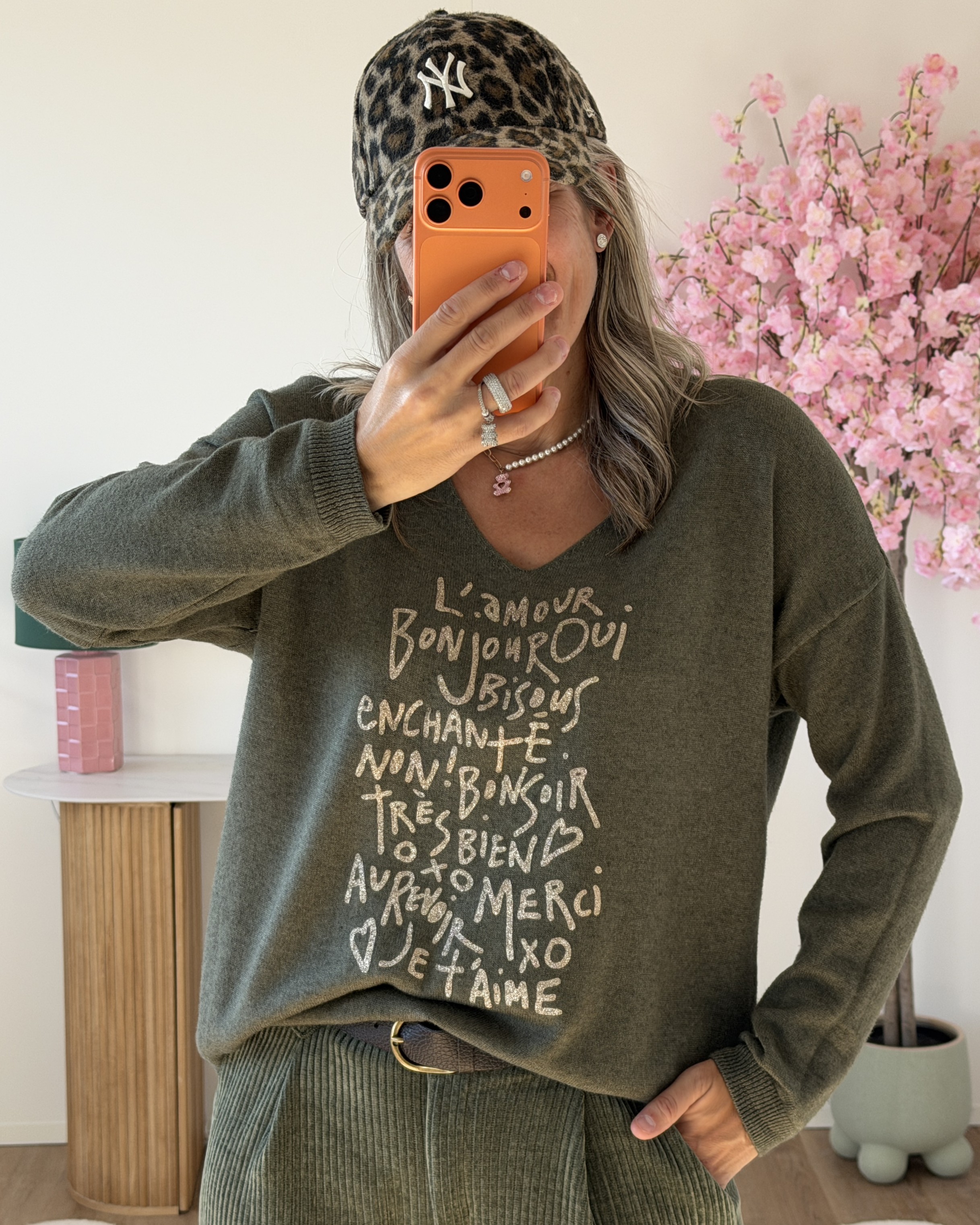 Pull Amour bonjour kaki