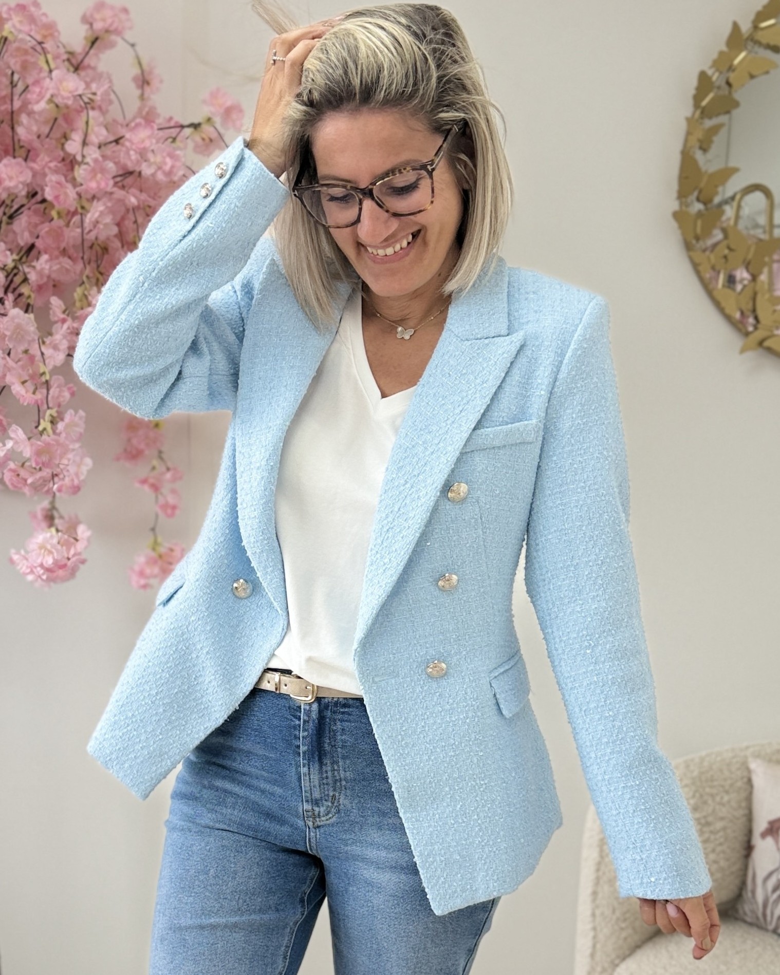 Blazer en tweed ciel