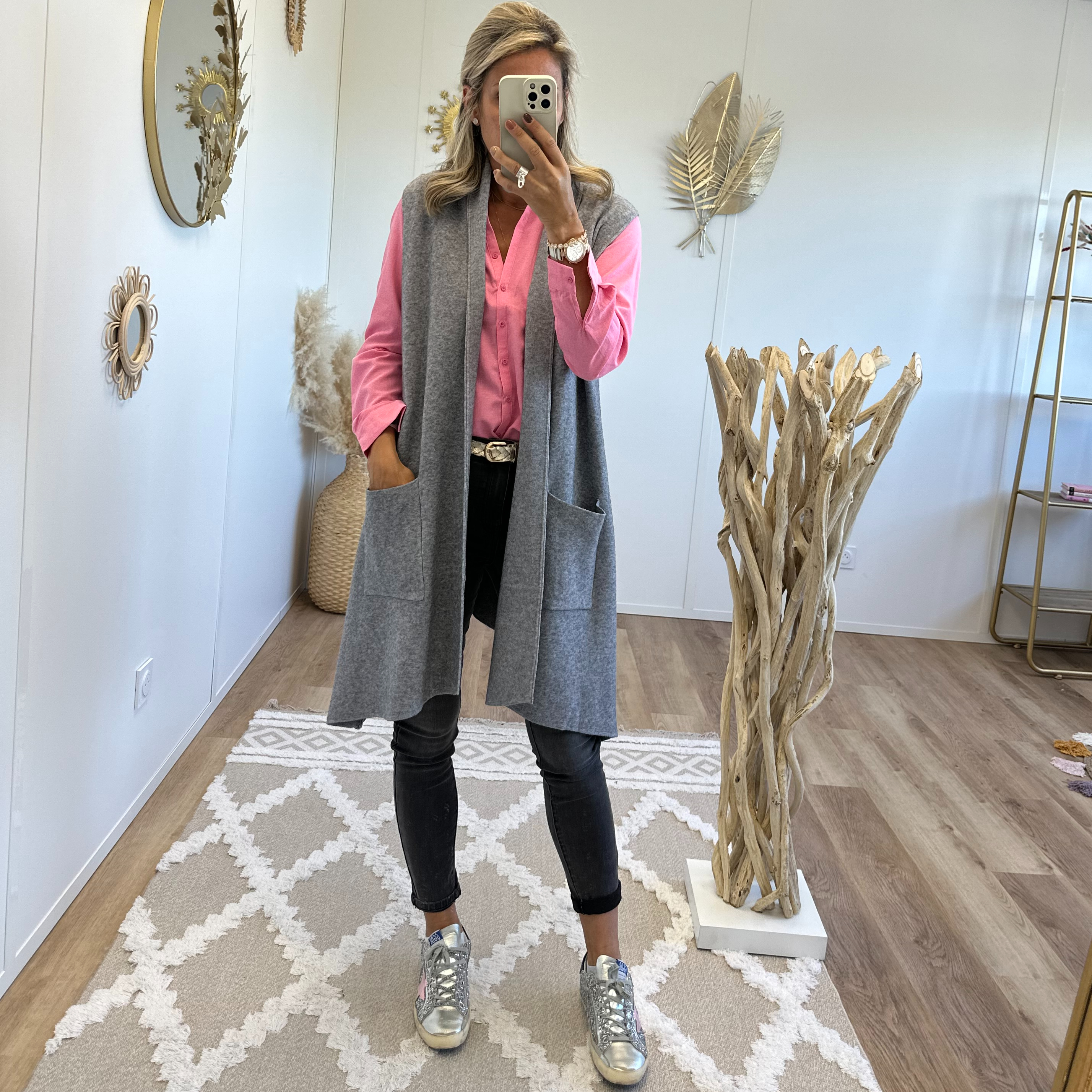 Gilet long sans manches gris