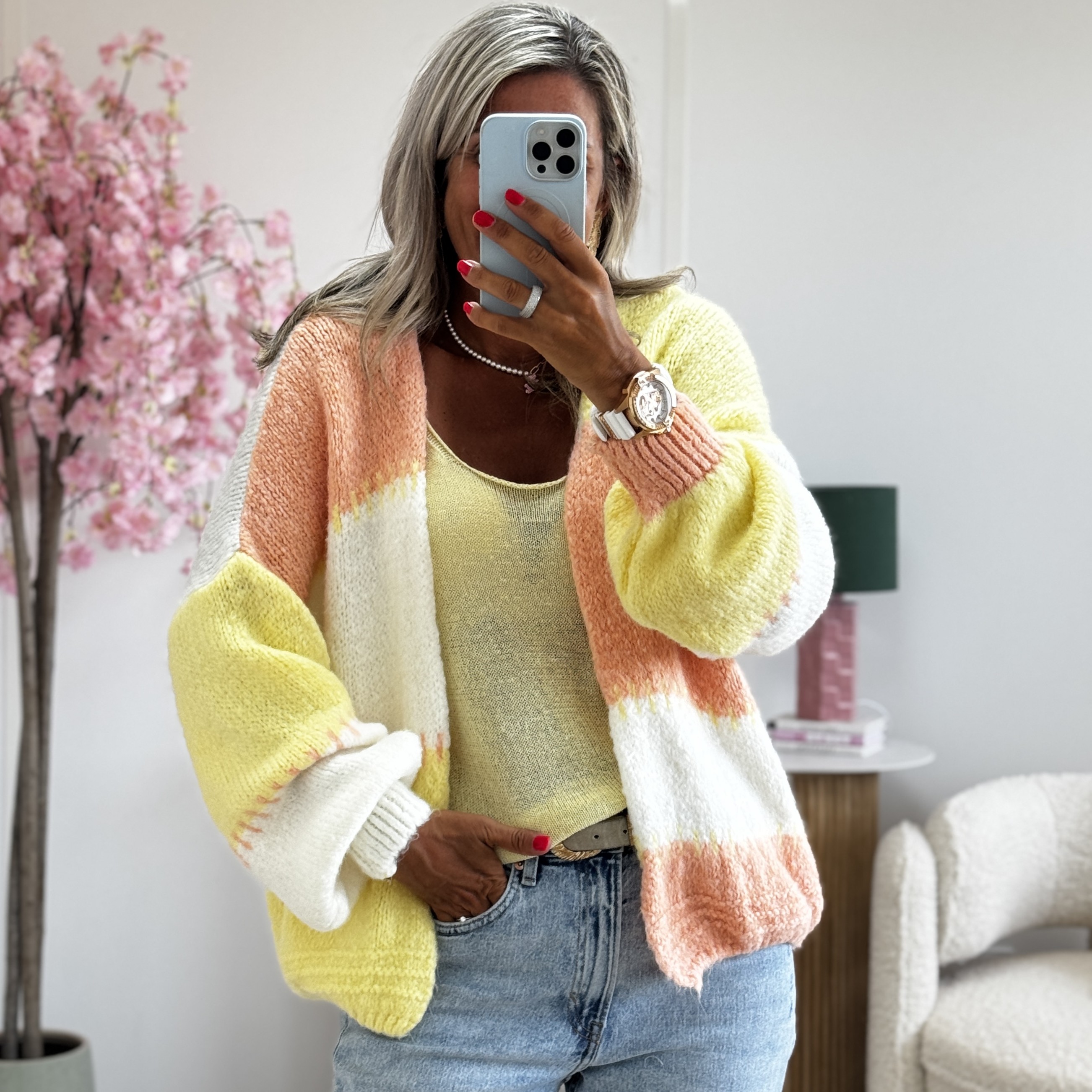 Gilet Carine saumon jaune blanc
