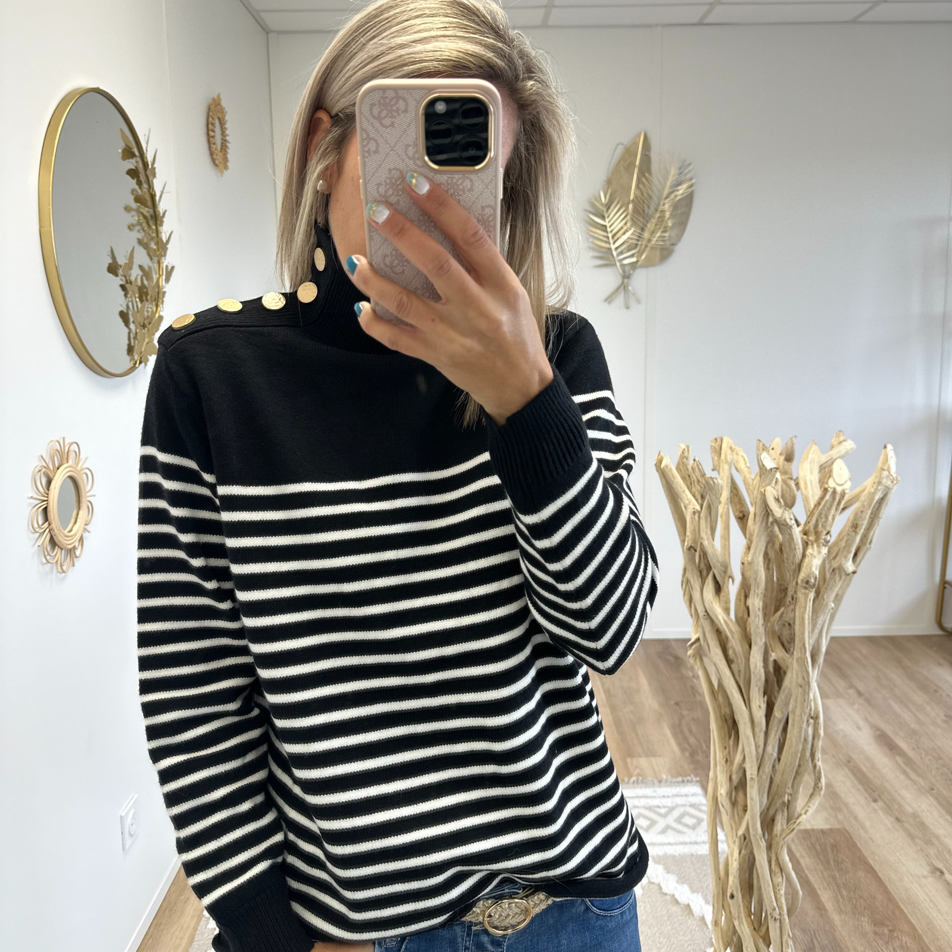 Pull Col roulé marinière noir