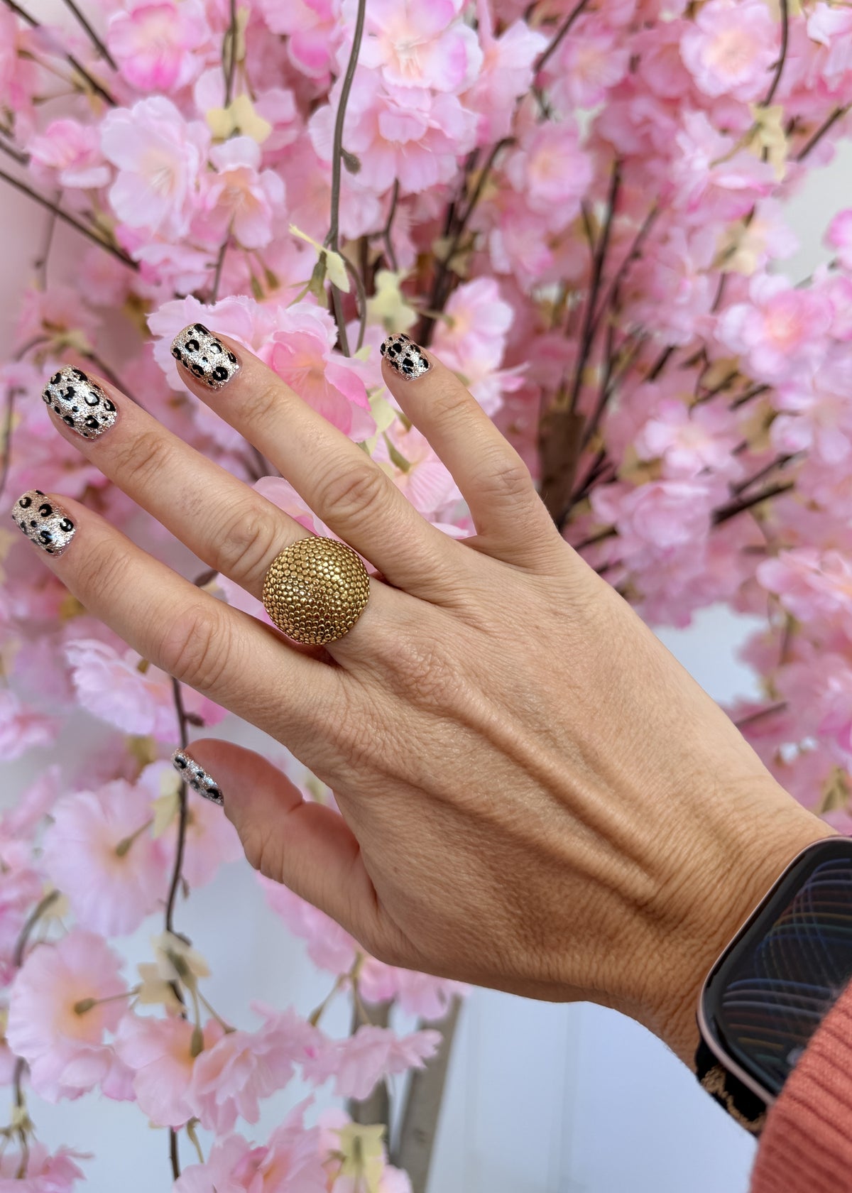 Bague chevalière à billes dorées – Acier inoxydable