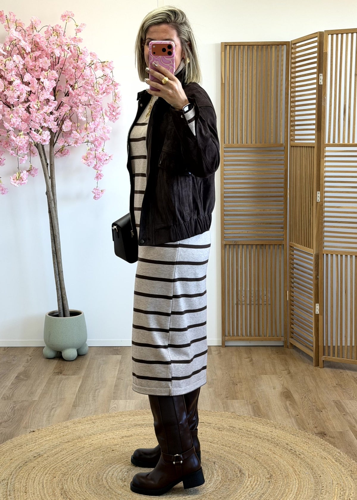 Robe marinière mi-longue beige et chocolat