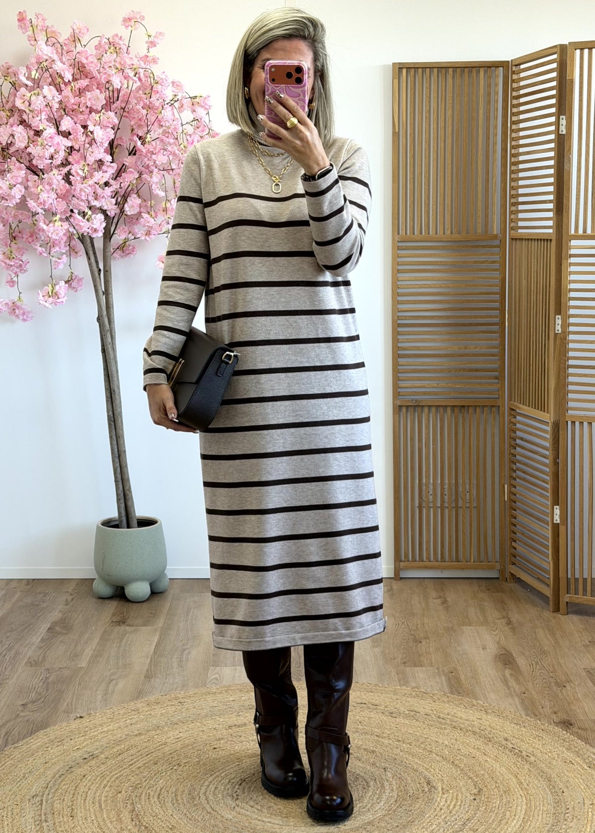 Robe marinière mi-longue beige et chocolat