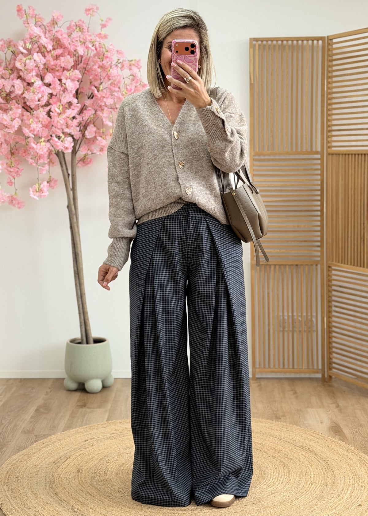 Pantalon large à carreaux gris bleu
