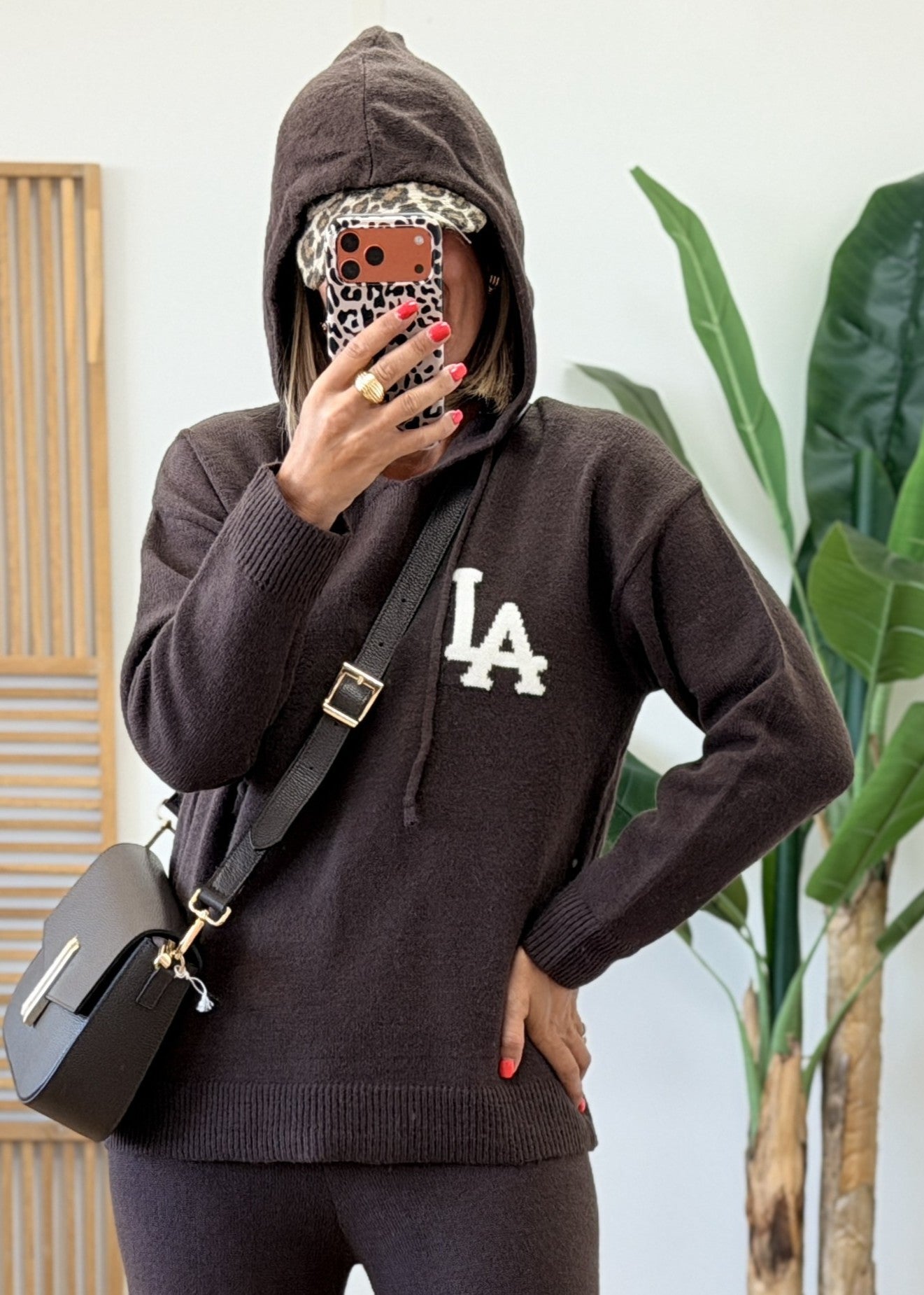 Ensemble Pantalon Taille Haute Élastique en Maille avec Sweat Capuche Assorti