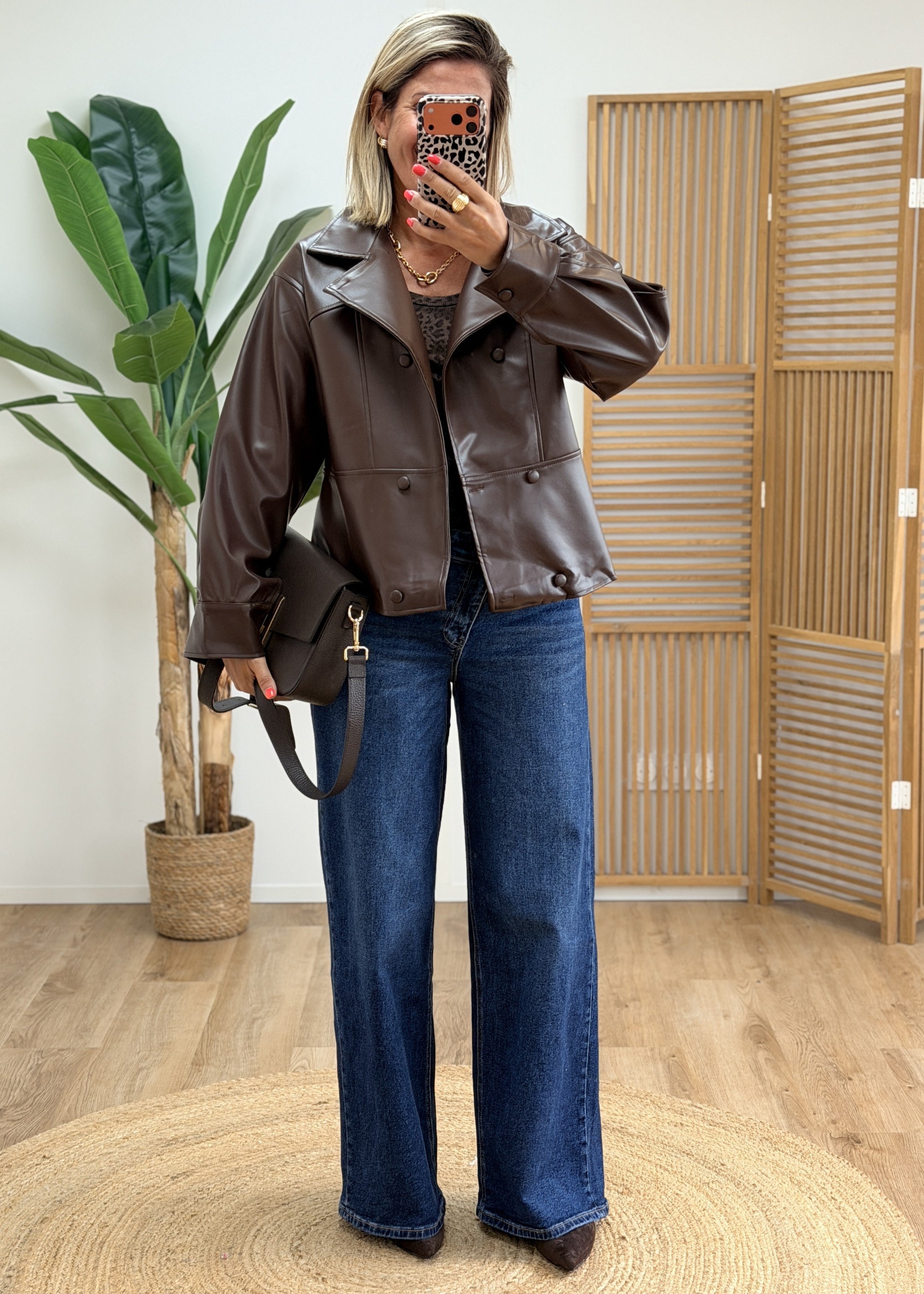 Veste simili cuir double boutonnage ceinturé