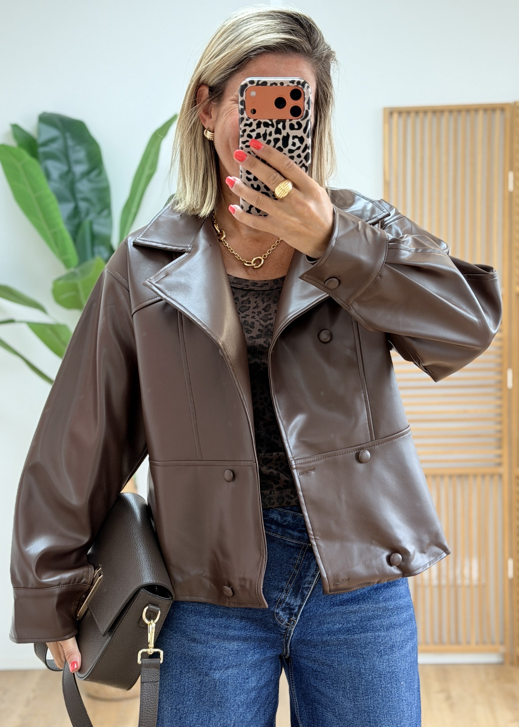 Veste simili cuir double boutonnage ceinturé
