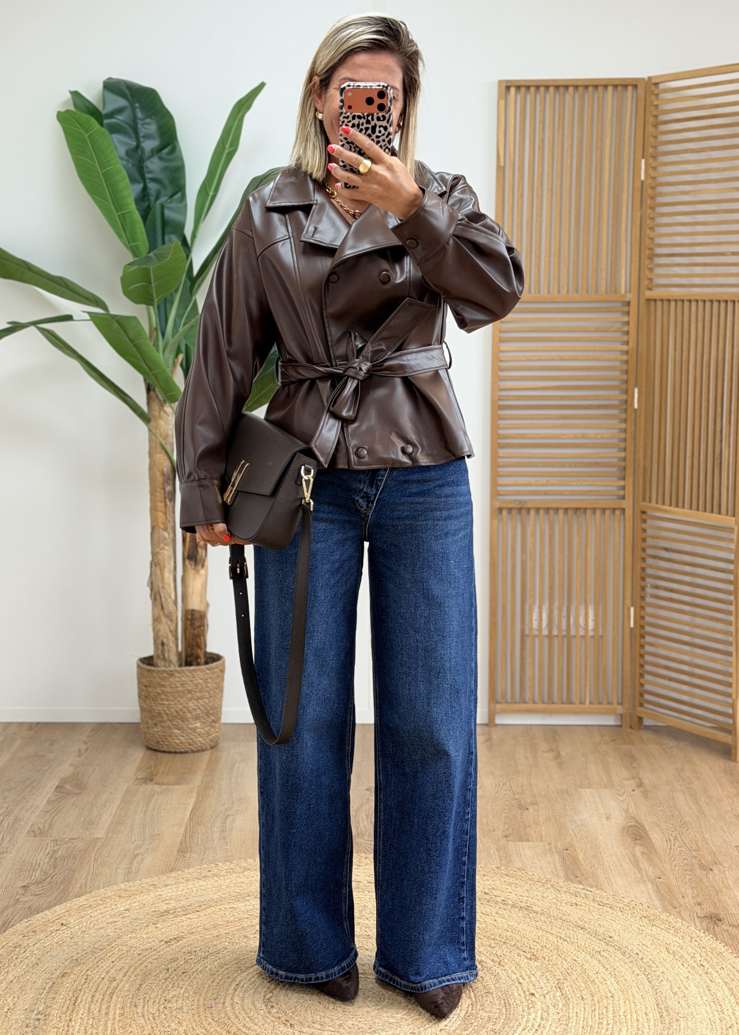 Veste simili cuir double boutonnage ceinturé