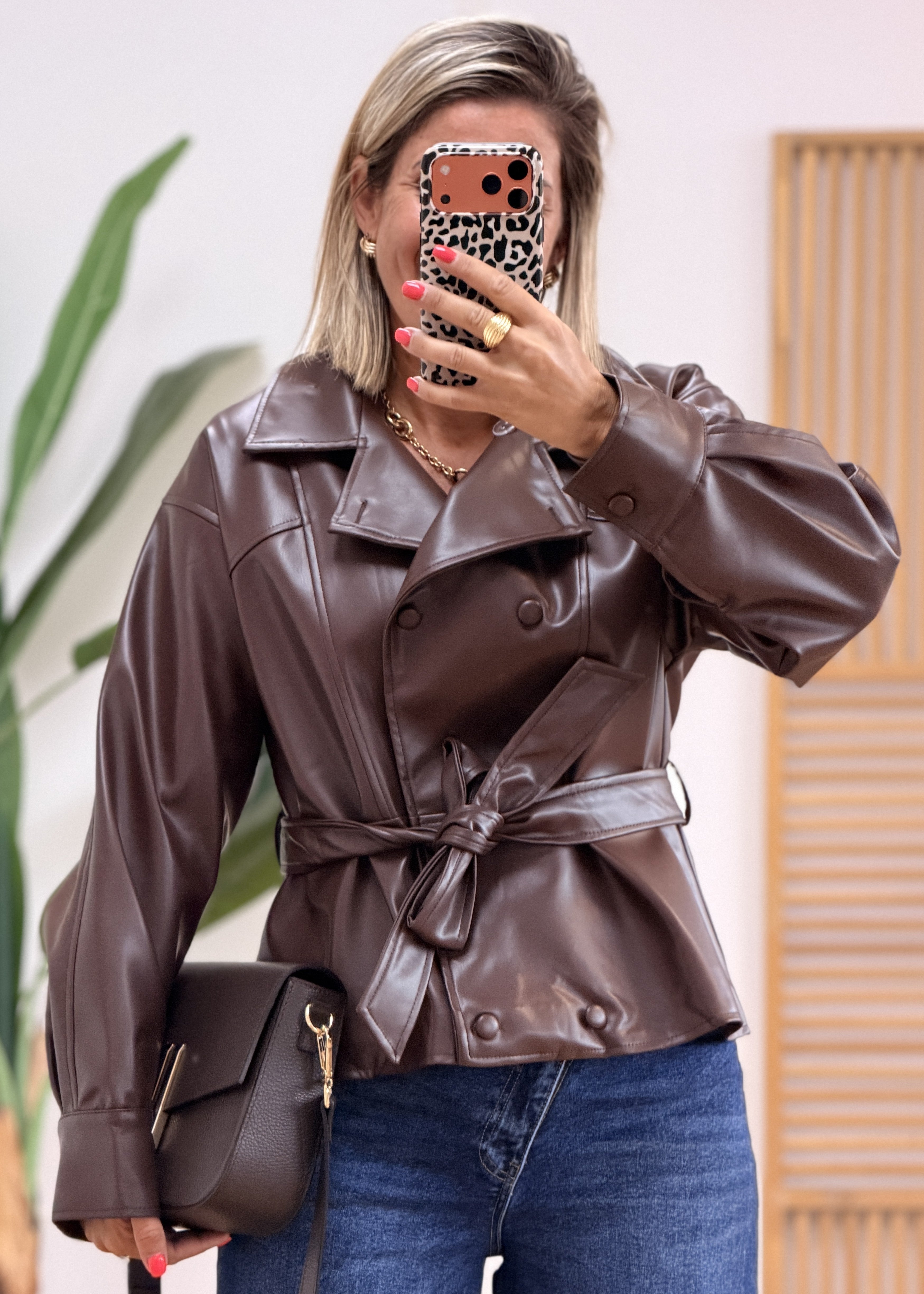 Veste simili cuir double boutonnage ceinturé
