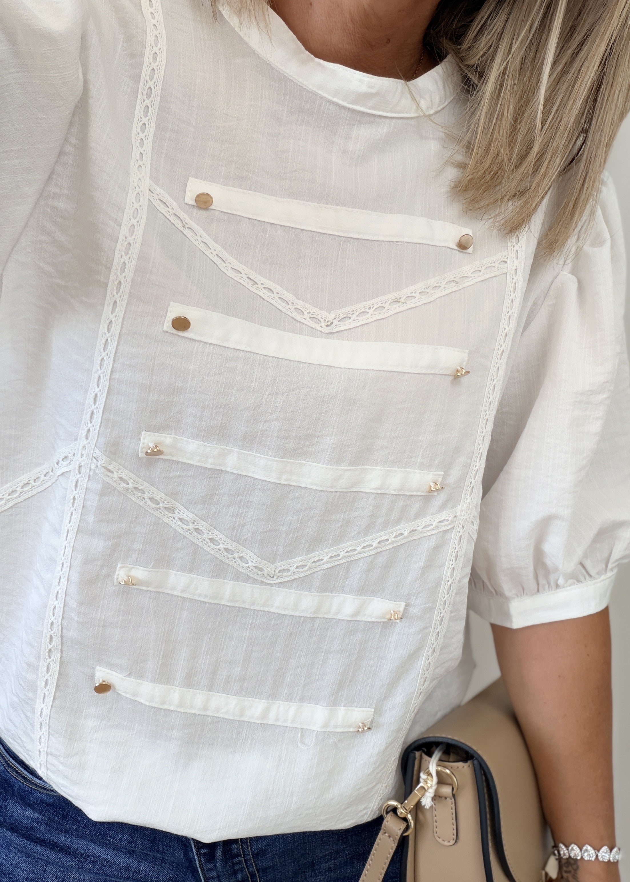 Blouse Brodée Double Boutonnage - Manches Bouffantes