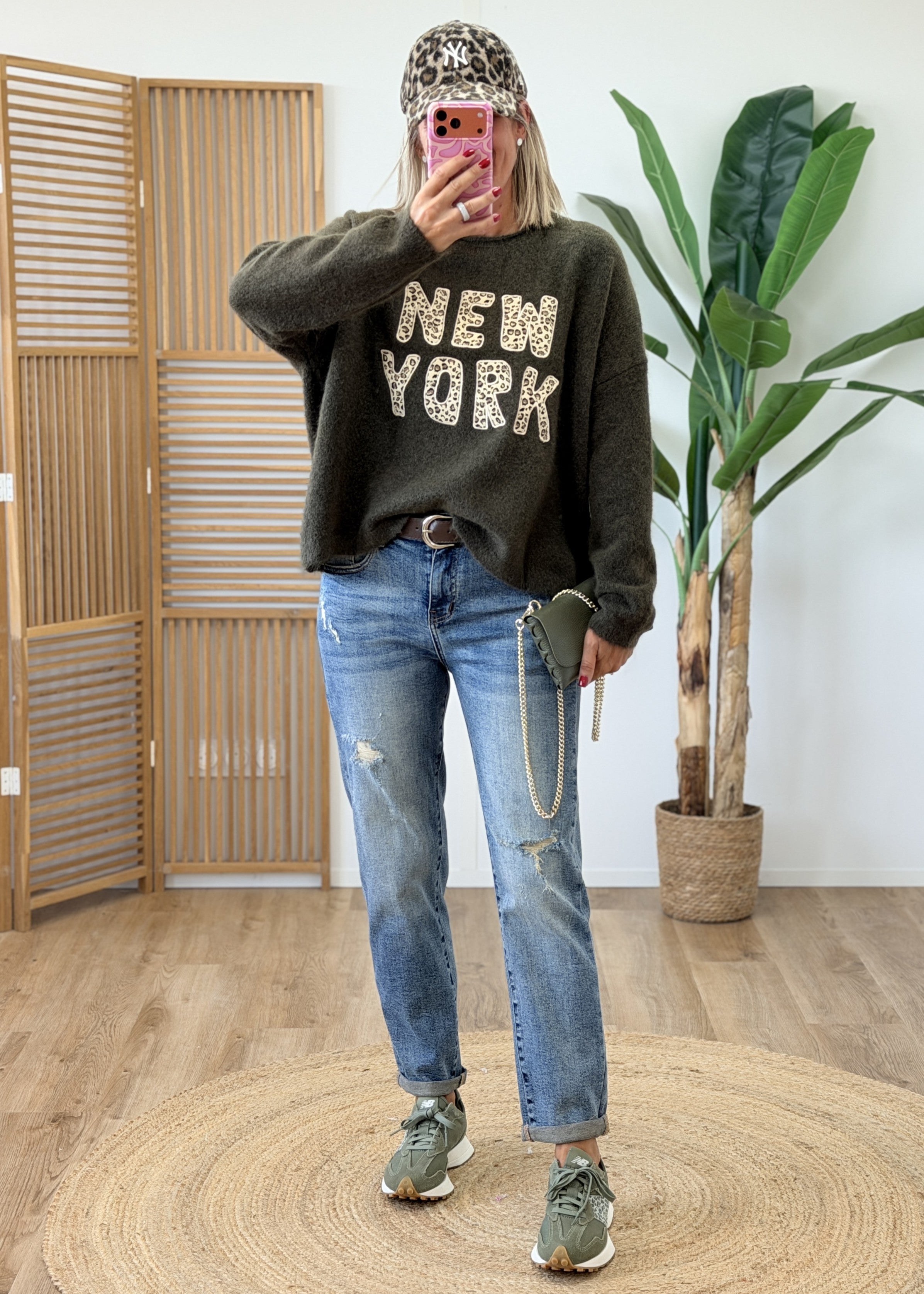Pull NY Kaki Détail Léopard
