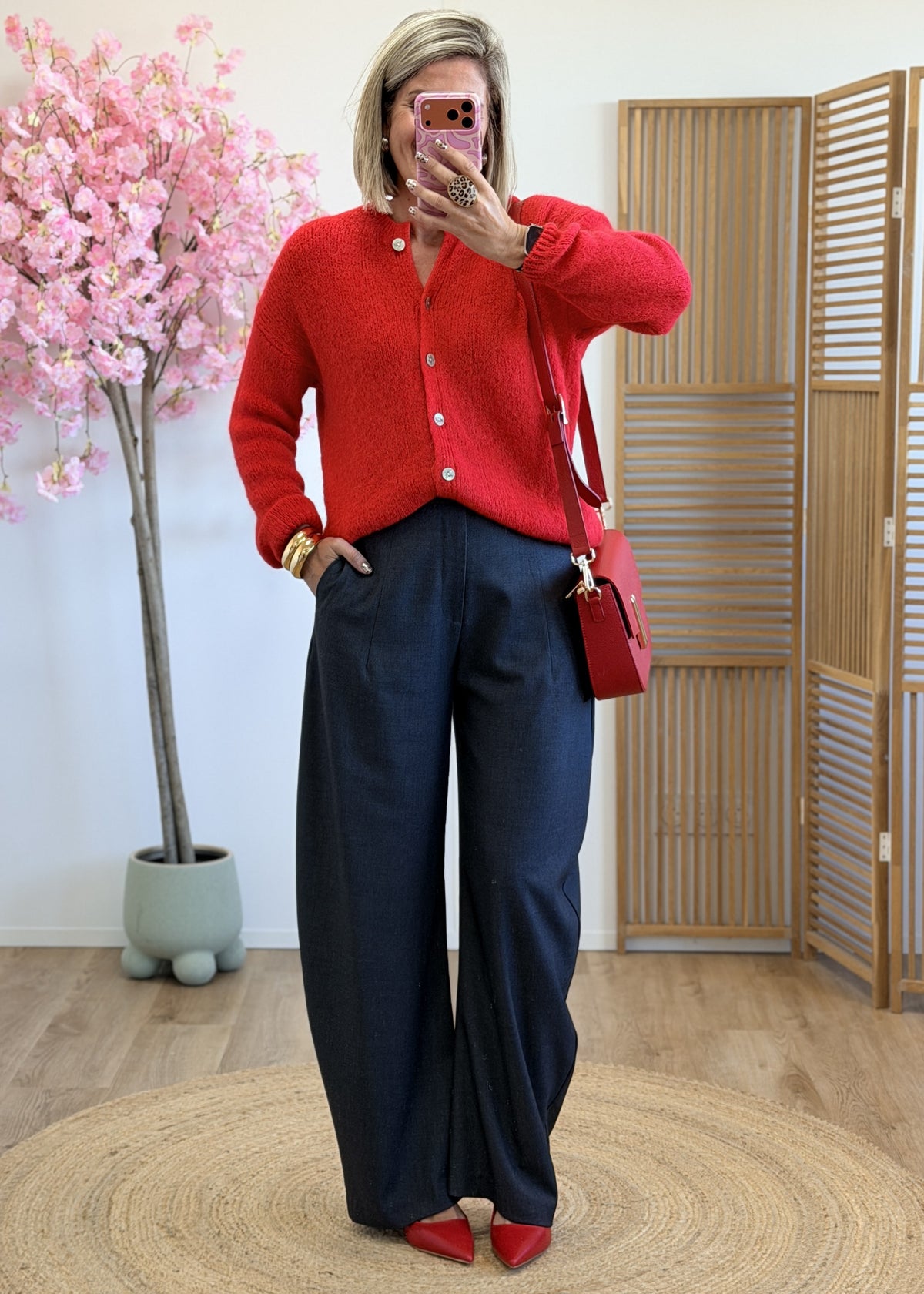 Gilet rouge en maille boutonné – Mohair et laine