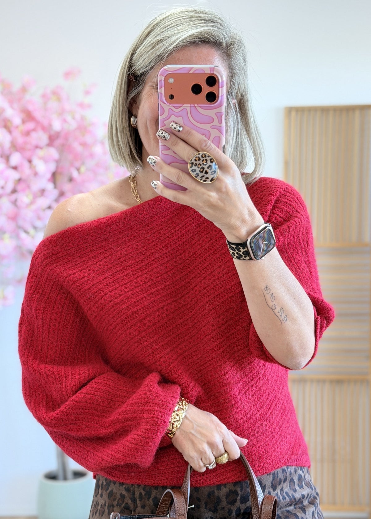 Pull grosse maille à épaule dénudée - Rouge