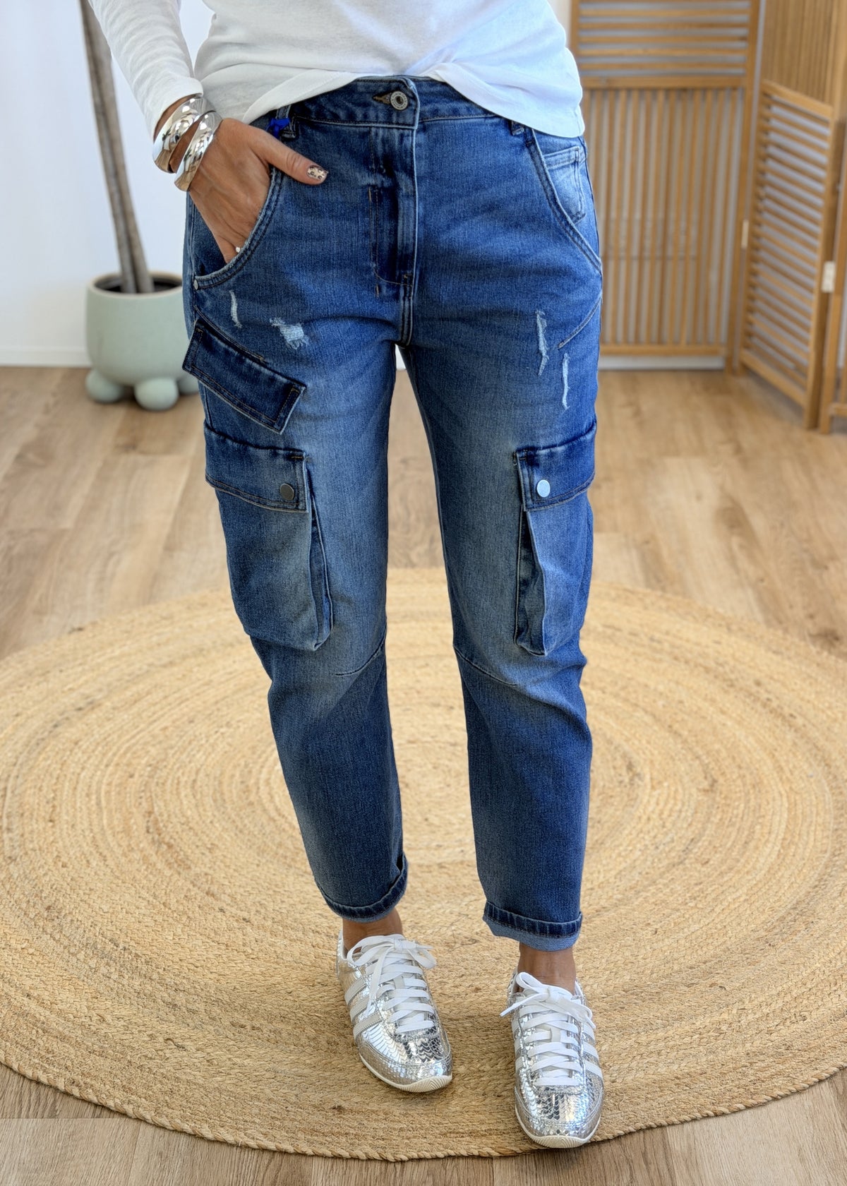 Jean cargo taille haute - bleu