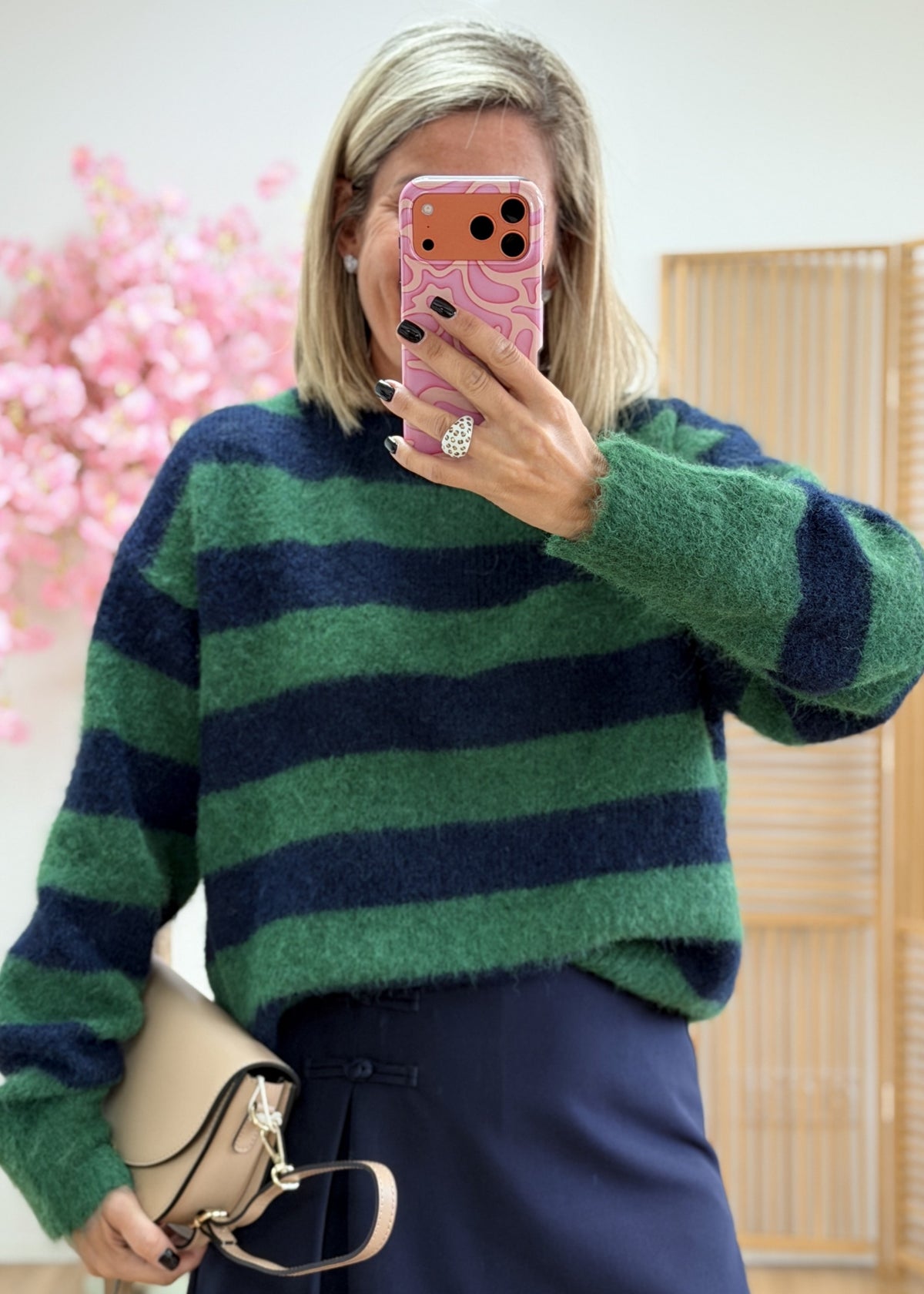 Pull rayé très doux marine et vert