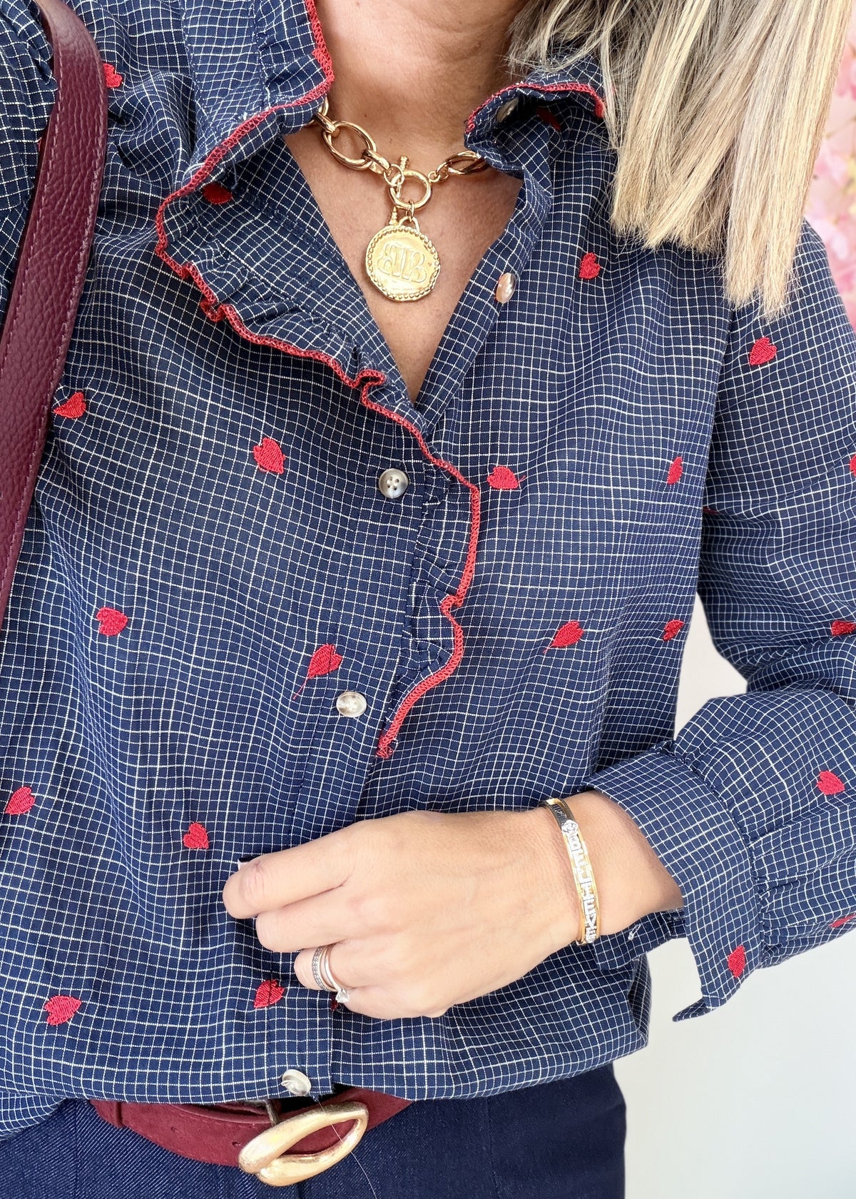 Chemise à carreaux cœurs rouges